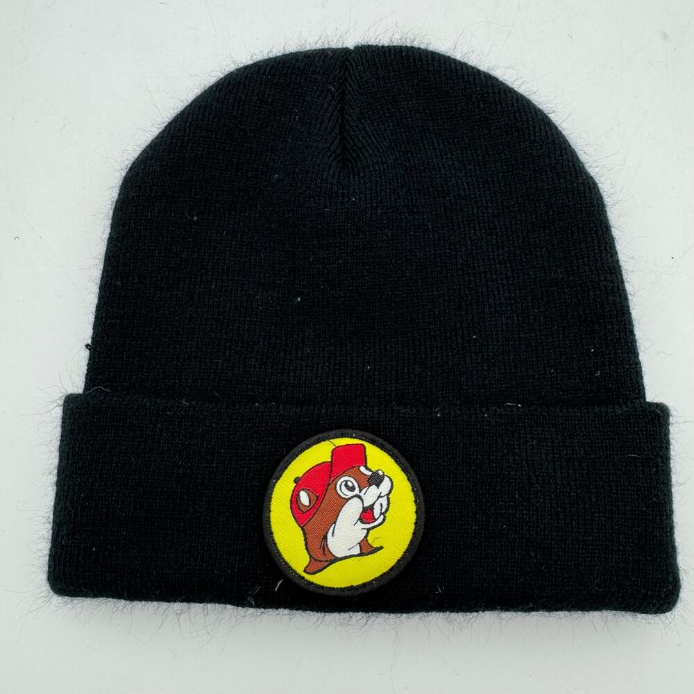 Buc-ee’s Black Beanie Hat with Logo Patch Knit Cuffed Acrylic Winter Cap